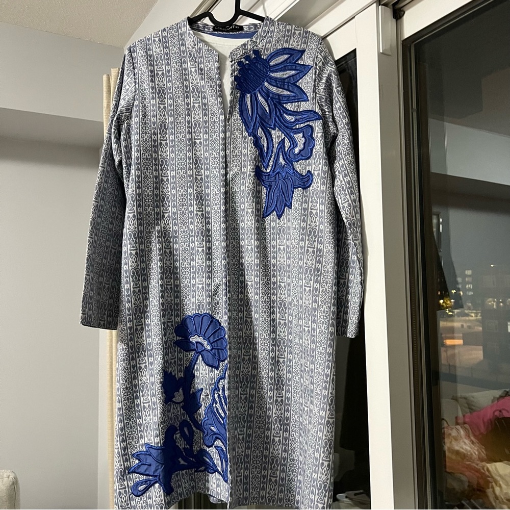 New women 100% cotton embroided cardigan, white, blue, XS, printed, floral